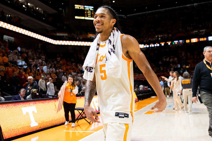 Tennessee G Zakai Zeigler after a win over Alabama in Knoxville, Tennessee, on February 15, 2023. (Photo by Brianna Paciorka of the News Sentinel - USA Today Sports)